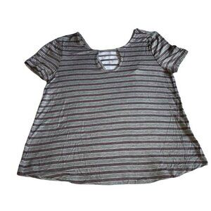 Pink Rose Vintage Cap Sleeve Knit Top W/ Keyhole Back Grey Combo Striped M New W